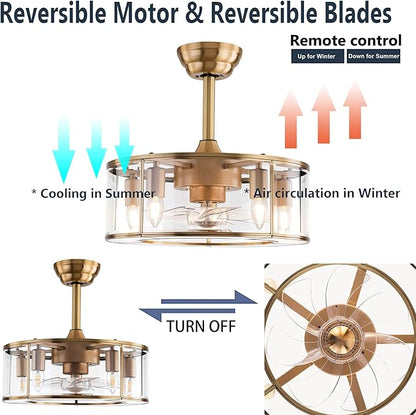 OUKANING Caged Fandelier Ceiling Fan with Light, Golden Ceiling Fans with Remote Control & Noiseless 35db - Farmhouse Rustic Bladeless Ceiling Fans Chandelier Retro Lighting Fixture (glass)