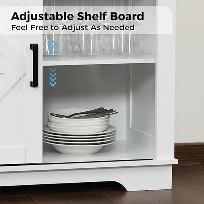 Buffet Cabinet with Storage, Farmhouse Coffee Bar Cabinet with Goblet Holder and Drawer, Sideboard with Barn Door for Kitchen, Dining Room, Living Room, White