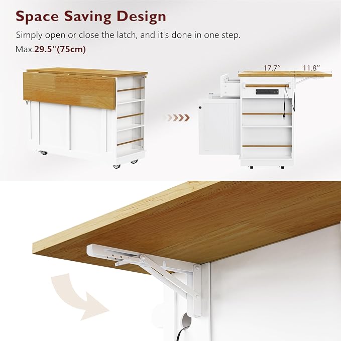 Ball & Cast Kitchen Island with 2 Bar Stools and Power Outlet,Rolling Kitchen Cart on 5 Wheels W/Drop Leaf&5 Open Side Racks,Kitchen Storage Cart W/Adjustable Shelf,for Kitchen,Dining Room,White,48"