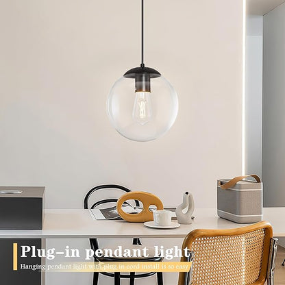KoKo&Yukina 10" Globe Pendant Light Black Plug in Pendant Light Adjustable Hanging Lights with Plug in Cord Matte Black Finished with Clear Glass Lampshade for Bedroom Kitchen Island（Bulb Included）