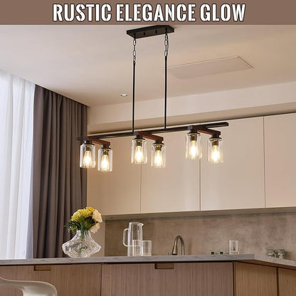 6-Light Kitchen Island Lighting & Farmhouse Dining Room Light Fixtures Over Table, Rustic Wood Linear Chandelier Adjustable Ceiling Hanging Pendant- Rotating Design, Customizable Shapes, Clear Glass