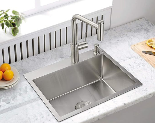 MENATT 20-inch Drop in Kitchen Sink, SUS304 Stainless Steel Top-Mount Handmade Kitchen rv Sink, Single Bowl Sink with Basket Strainer, 20"*16"*9" (Brushed)