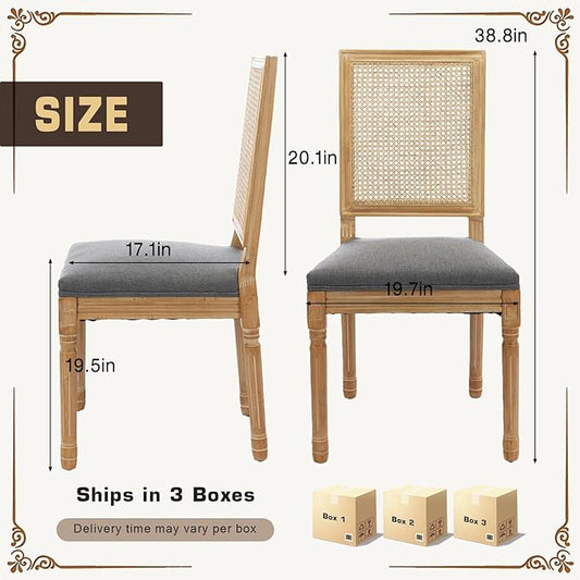 SoarFlash French Dining Chairs Set of 6, Vintage Dining Chairs with Rattan Backrest, Wooden Framehouse Chairs for Living Room, Kitchen, Restaurant, Grey