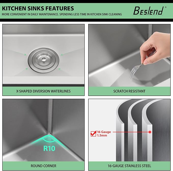 30 inch Drop In Kitchen Sink - Beslend 30x22x10 Waterfall Sink with Pull-Down Faucet 16 Gauge Stainless Steel, Double Track Workstation Kitchen Sinks with Faucet Combo, Handmade Dish Basin
