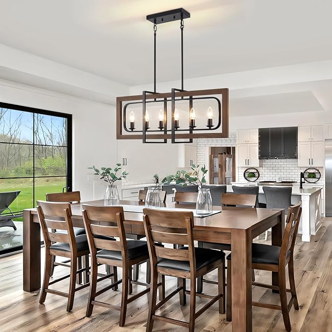 Farmhouse Kitchen Island Lighting, 6-Light Dining Room Light Fixtures Over Table Rustic Wood Pendant Lights Adjustable Chandelier for Kitchen Dining Room