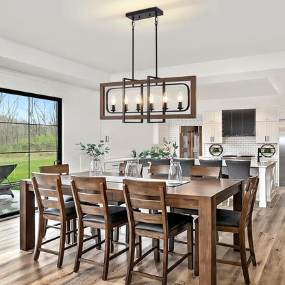 Farmhouse Kitchen Island Lighting, 6-Light Dining Room Light Fixtures Over Table Rustic Wood Pendant Lights Adjustable Chandelier for Kitchen Dining Room