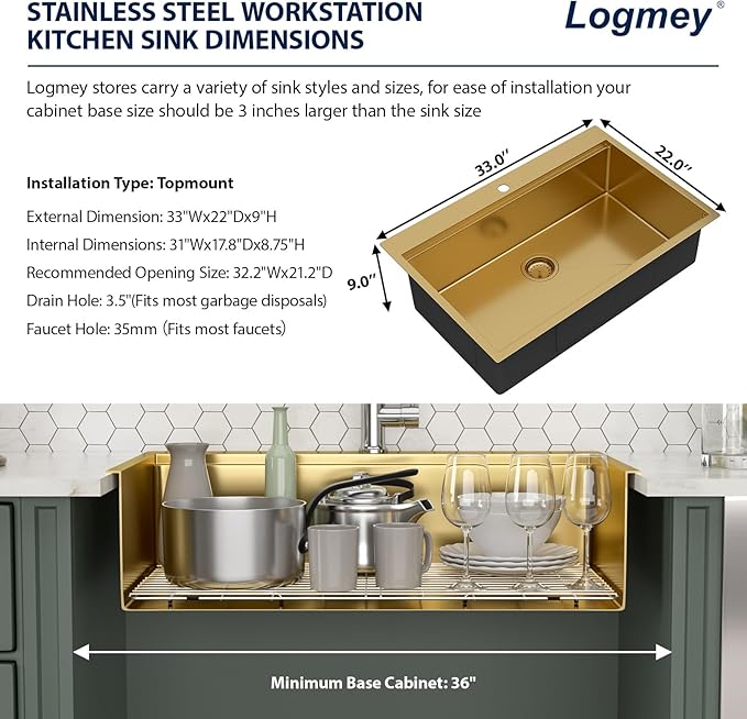 Logmey 33 Inch Gold Kitchen Sink 33x22 Drop in Sink 16 Gauge Stainless Steel Single Bowl Sinks,33x22x9