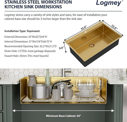 Logmey 33 Inch Gold Kitchen Sink 33x22 Drop in Sink 16 Gauge Stainless Steel Single Bowl Sinks,33x22x9