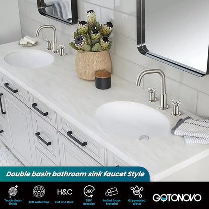 gotonovo 8 inch Widespread 3 Hole Bathroom Sink Faucet,2 Cross Handle Vanity Faucet Deck Mount Basin for Bathroom Sink 360° Swivel Spout with Pop Up Drain Brushed Nickel