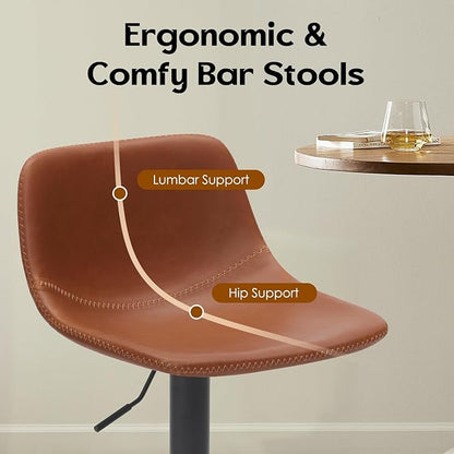 Adjustable Bar Stools Set of 2, Swivel Bar Stools, Bar Height Stools with Back Support Counter Height Bar Chairs Pu Leather Bar Stool for Kitchen Island Rustic Bar stools