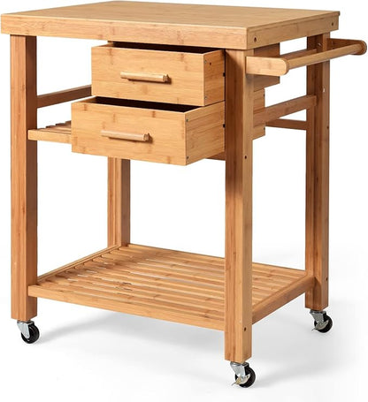 HAPPYGRILL Kitchen Island with Storage, Rolling Kitchen Cart with Shelves and Drawers, Multi-Purpose Bamboo Utility Cart Serving Cart on Lockable Wheels with Towel Rack