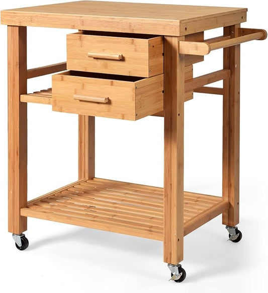 HAPPYGRILL Kitchen Island with Storage, Rolling Kitchen Cart with Shelves and Drawers, Multi-Purpose Bamboo Utility Cart Serving Cart on Lockable Wheels with Towel Rack