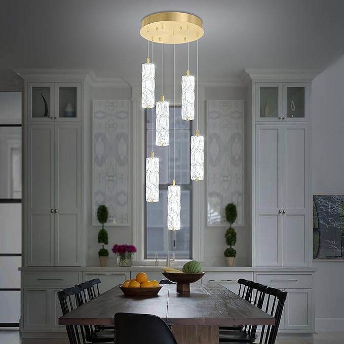 ykolupty H78 Pendant Lights Kitchen Island 6-Lights Pendant Chandelier for Dining Room Hallway Stairwell,LED Dimmable 2700K-6000K (Gold Chandelier)