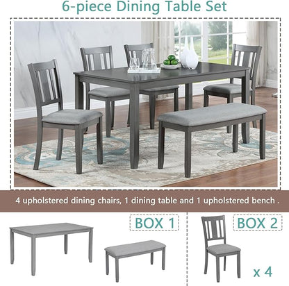 6-Piece Wooden Dining Table Set with 4 Upholstered Chairs and 1 Bench, Rectangular Kitchen Table Set for 6 People, Modern Dining Room Table for Kitchen and Dining, Gray