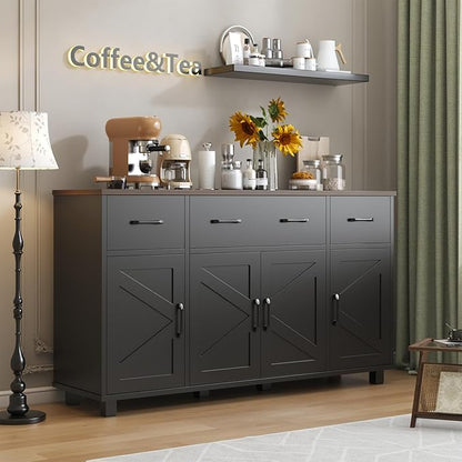 VVFLU 55" Sideboard Buffet Cabinet with Storage, Coffee Bar Cabinet with 3 Drawers and 4 Barn Doors, Long Storage Cabinet Modern Farmhouse, Black Wood, for Kitchen, Dining Room, Living Room