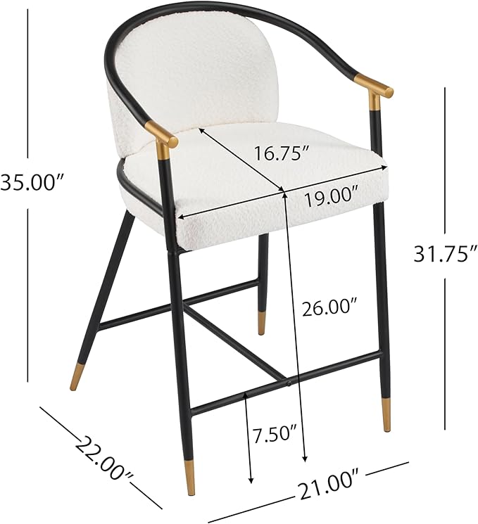 Set of 2 Upholstered Counter Stools - 26" Seat Height Beige Boucle Stools with Sturdy Iron Frame, Gold Trim+Black Base, Contemporary Design for Kitchen Island/Home Bar/Dining Area