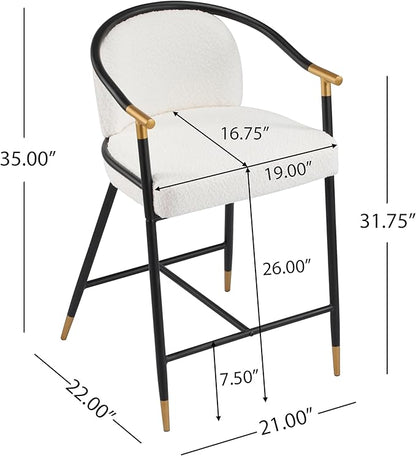 Set of 2 Upholstered Counter Stools - 26" Seat Height Beige Boucle Stools with Sturdy Iron Frame, Gold Trim+Black Base, Contemporary Design for Kitchen Island/Home Bar/Dining Area