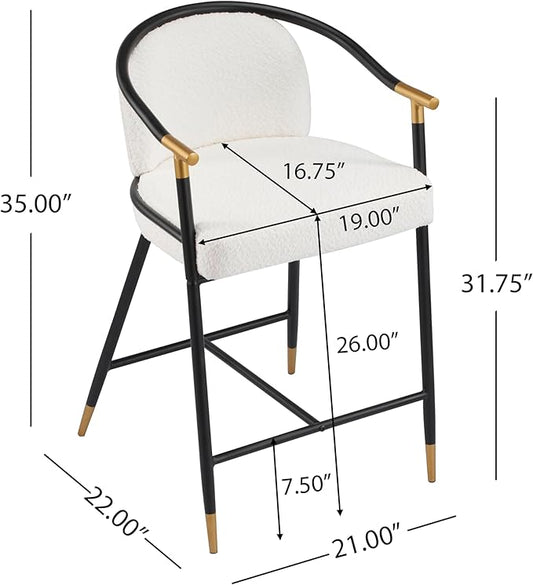 Set of 2 Upholstered Counter Stools - 26" Seat Height Beige Boucle Stools with Sturdy Iron Frame, Gold Trim+Black Base, Contemporary Design for Kitchen Island/Home Bar/Dining Area