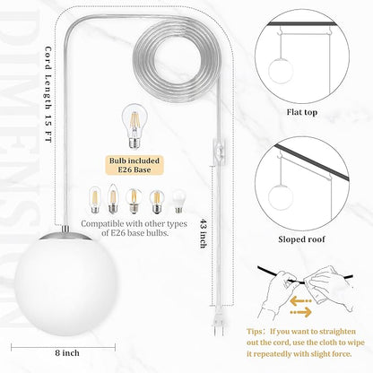 KoKo&Yukina 8" Globe Pendant Light Nickel Plug in Pendant Light Adjustable Hanging Lights with Plug in Cord Nickel Finished with Milk Glass Lampshade for Bedroom Kitchen Island (Bulb Included)
