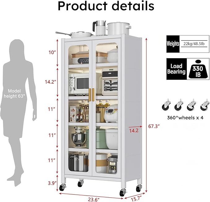67.3" Kitchen Pantry Storage Cabinet,Display Storage Cabinet with Acrylic Glass Doors, Adjustable Shelves & Wheels,Metal Tall Food Pantries Cabinets,for Kitchen, Living Room and Dining Room, White