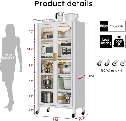 67.3" Kitchen Pantry Storage Cabinet,Display Storage Cabinet with Acrylic Glass Doors, Adjustable Shelves & Wheels,Metal Tall Food Pantries Cabinets,for Kitchen, Living Room and Dining Room, White