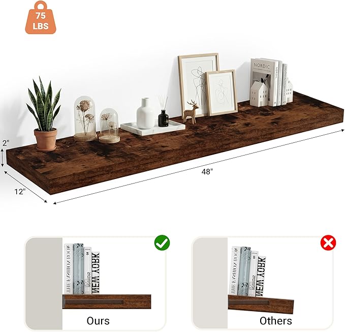 Heimlove 12 Inch Deep Floating Shelves, 48 x 12 inches Long, Large Display & Storage Shelf, Rustic Wood Wall Shelves for Fireplace Mantel, Set of 1(Rustic Brown)