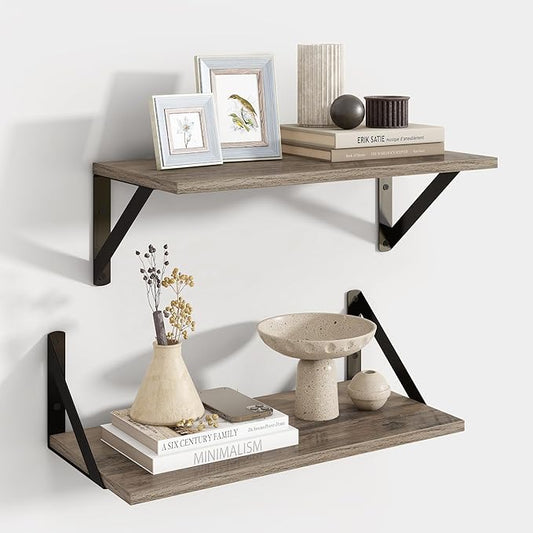 Axeman Floating Shelves for Wall, 8 Inch Deep Grey Wall Shelves Set of 2, 16''W x 8''D Rustic Grey Wood Shelves for Farmhouse Bookshelf Living Room Bedroom