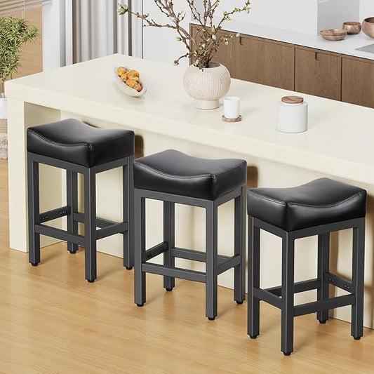 Raynesys Counter Height Bar Stools Set of 3, 24 Inch Barstools for Kitchen Island Counter, Bonded Leather Kitchen Stools with Saddle Seats & Metal Base, Easy Assembly, Black