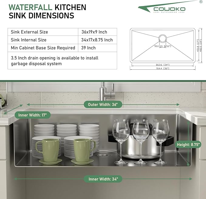 36 Inch Undermount Kitchen Sink 16 Gauge Stainless Steel Single Bowl Rectangular Handmade Sinks Large Deep Under Counter Basin, 36"x19"x9"