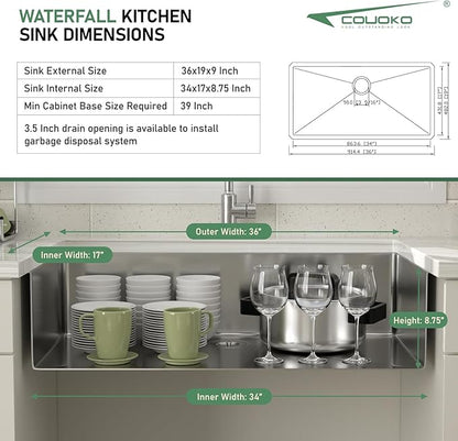 36 Inch Undermount Kitchen Sink 16 Gauge Stainless Steel Single Bowl Rectangular Handmade Sinks Large Deep Under Counter Basin, 36"x19"x9"