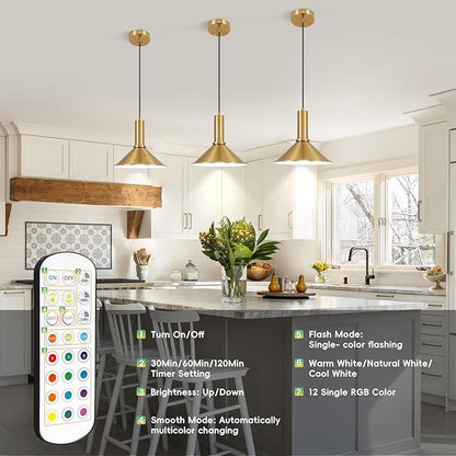 Battery Operated Pendant Lights 2 Pack,Rechargeable Pendant Light with Remote,Gold Pendant Light Fixtures for Kitchen island,Modern Industrial hanging Lights for Dining Room Hallway Entryway Bedroom