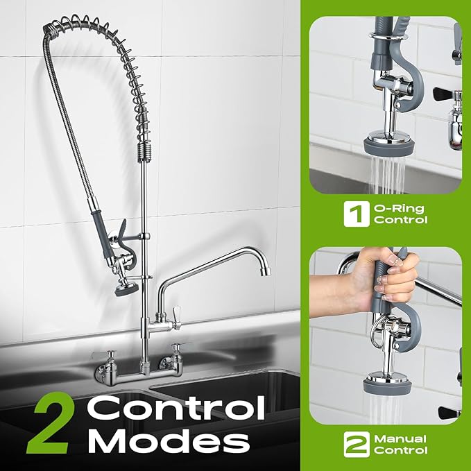 42" Height Commercial Sink Faucet with Sprayer, 8 Inch Center Wall Mount Kitchen Sink Faucet with Down Pre-Rinse Sprayer, Compartment Sink Faucet with 12" Swivel Spout for Restaurant