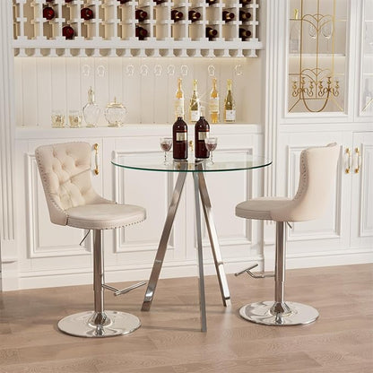 yeag 31.5'' Glass Round Bar Table Set with Stools, Modern High Top Pub Bistro Table & 2 Adjustable Metal Bar Stool Velvet Swivel Bars Chairs (Silver Metal Legs, Clear Top + Beige Chair)