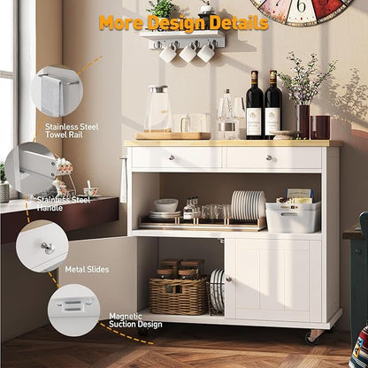 knoworld Rolling Kitchen Island with Storage Cabinet, 35.4'' Width Kitchen Cart, 2 Drawers Island Table, Portable Mobile Kitchen Island with Towel Rack, Wood Top and Lockable Wheels, White