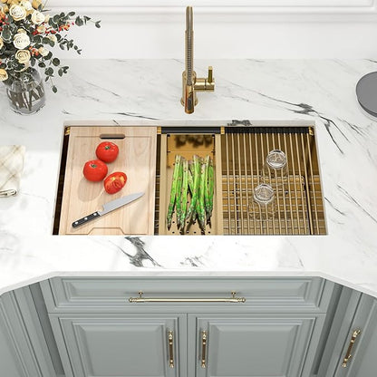 36 Inch Gold Undermount Kitchen Sink - Kichae 36 x 19 Stainless Steel Undermount Sink Ledge Workstation 16 Gauge Single Bowl Round Corner Handmade Deep Bowl with Cutting Board