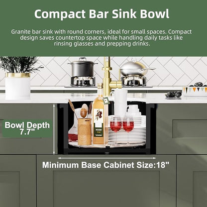 Davivy 15 Inch Black Round Bar Sink,15x15 Dual-Mount Small Granite Bar Prep Sink, Quartz Composite Single Bowl Design with with Bottom Grid & Strainer