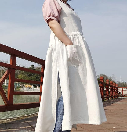Women Plus Size Cotton Linen Vintage Pleated Split Apron Pinafore Dress with Two Pockets