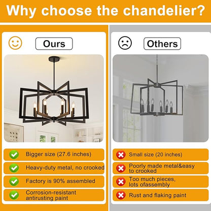 27.6" Modern Black Chandelier for Dining Room, 8-Light Farmhouse Dining Room Light Fixture Over Table, Industrial Metal Hanging Pendant Lights for Kitchen Island, Living Room, Bedroom, Foyer, Entryway