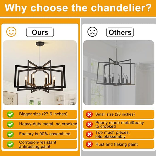 27.6" Modern Black Chandelier for Dining Room, 8-Light Farmhouse Dining Room Light Fixture Over Table, Industrial Metal Hanging Pendant Lights for Kitchen Island, Living Room, Bedroom, Foyer, Entryway