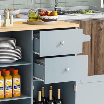 Fashion Store Kitchen Island Cart with Rubber Wood Top and 2 Drawers,4 Wheels and 3 Open Shelves,for Kitchen,Dining Room,Bathroom,Living Room (Grey Blue@E)