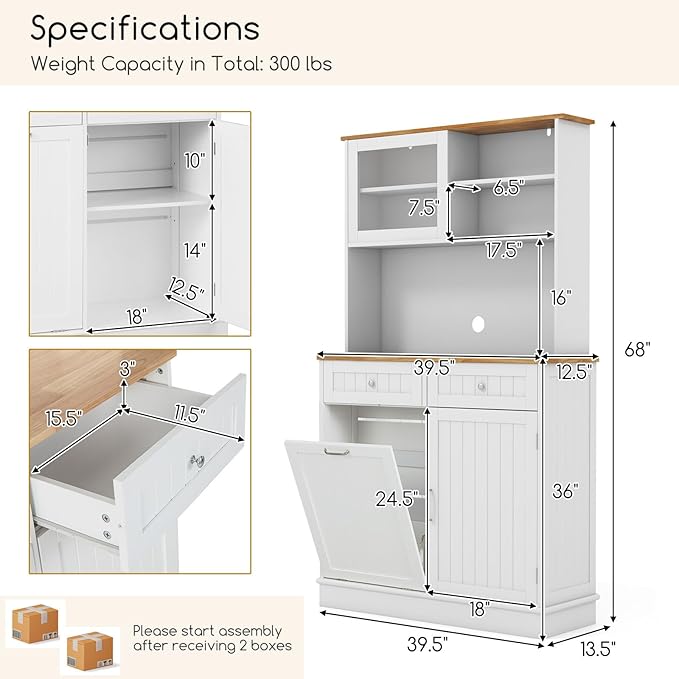 Giantex 68” Tall Kitchen Pantry, Buffet Hutch w/Tilt Out Trash Can Storage Cabinet, 2 Drawer, Shelves, Rubber Wood Microwave Countertop, Wood Sideboard Cupboard for Home Coffee Bar (White & Natural)