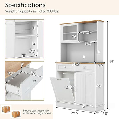 Giantex 68” Tall Kitchen Pantry, Buffet Hutch w/Tilt Out Trash Can Storage Cabinet, 2 Drawer, Shelves, Rubber Wood Microwave Countertop, Wood Sideboard Cupboard for Home Coffee Bar (White & Natural)