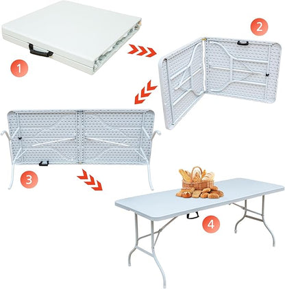 Portable 6Ft Plastic Folding Table, Heavy Duty 6ft Fold-in-Half Table with Carrying Handle, 6' Folding Utility Foldable Table for Picnic Party Camping Kitchen, Indoor/Outdoor (White)