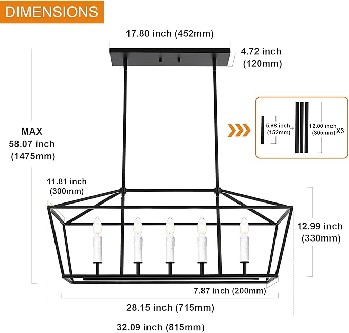 VINLUZ E12 5 Light Industrial Kitchen Island Lighting in Black and White Finish Classic Pendant Light Metal Chandelier Hanging Lights for Living Room