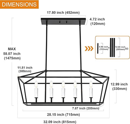 VINLUZ E12 5 Light Industrial Kitchen Island Lighting in Black and White Finish Classic Pendant Light Metal Chandelier Hanging Lights for Living Room
