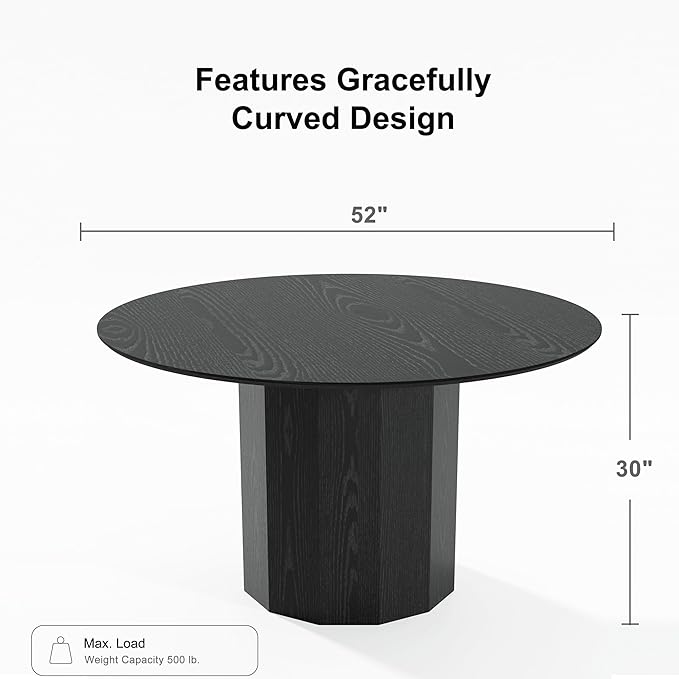 Casaphoria 52" Round Dining Table, Modern Wood Kitchen Table with Cylinder Polygonal Base for Living Room & Dining Room, Easy Assembly Farmhouse Furniture for 4-6, Black