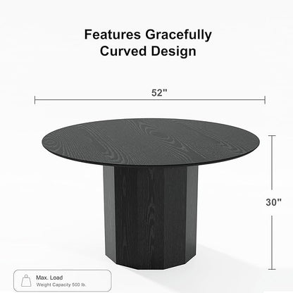 Casaphoria 52" Round Dining Table, Modern Wood Kitchen Table with Cylinder Polygonal Base for Living Room & Dining Room, Easy Assembly Farmhouse Furniture for 4-6, Black