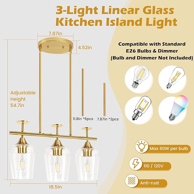 3-Light Pendant Lights Kitchen Island Lighting Fixtures Gold Linear Chandelier Dining Room Light Fixture Ceiling Hanging Modern Kitchen Chandeliers Over Table with Clear Glass Shades