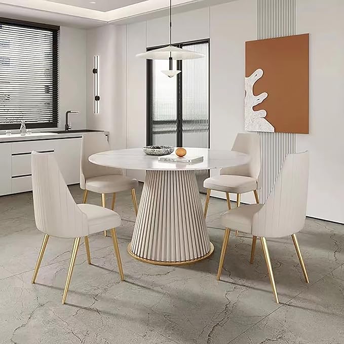 Modern 53" Round Dining Table Sintered Stone Top, Luxury 4-6 Person Kitchen Table with Metal Wood Leather Base, Easy Assembly Circular Dinner Table for Large Family
