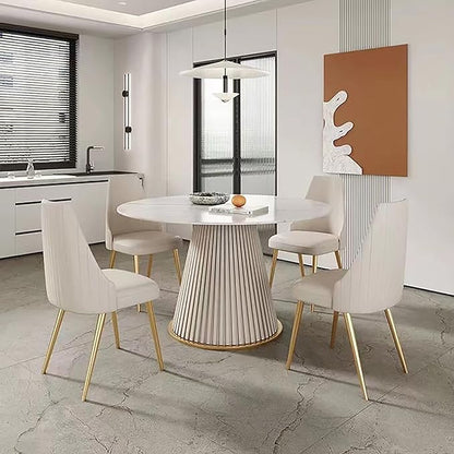 Modern 53" Round Dining Table Sintered Stone Top, Luxury 4-6 Person Kitchen Table with Metal Wood Leather Base, Easy Assembly Circular Dinner Table for Large Family